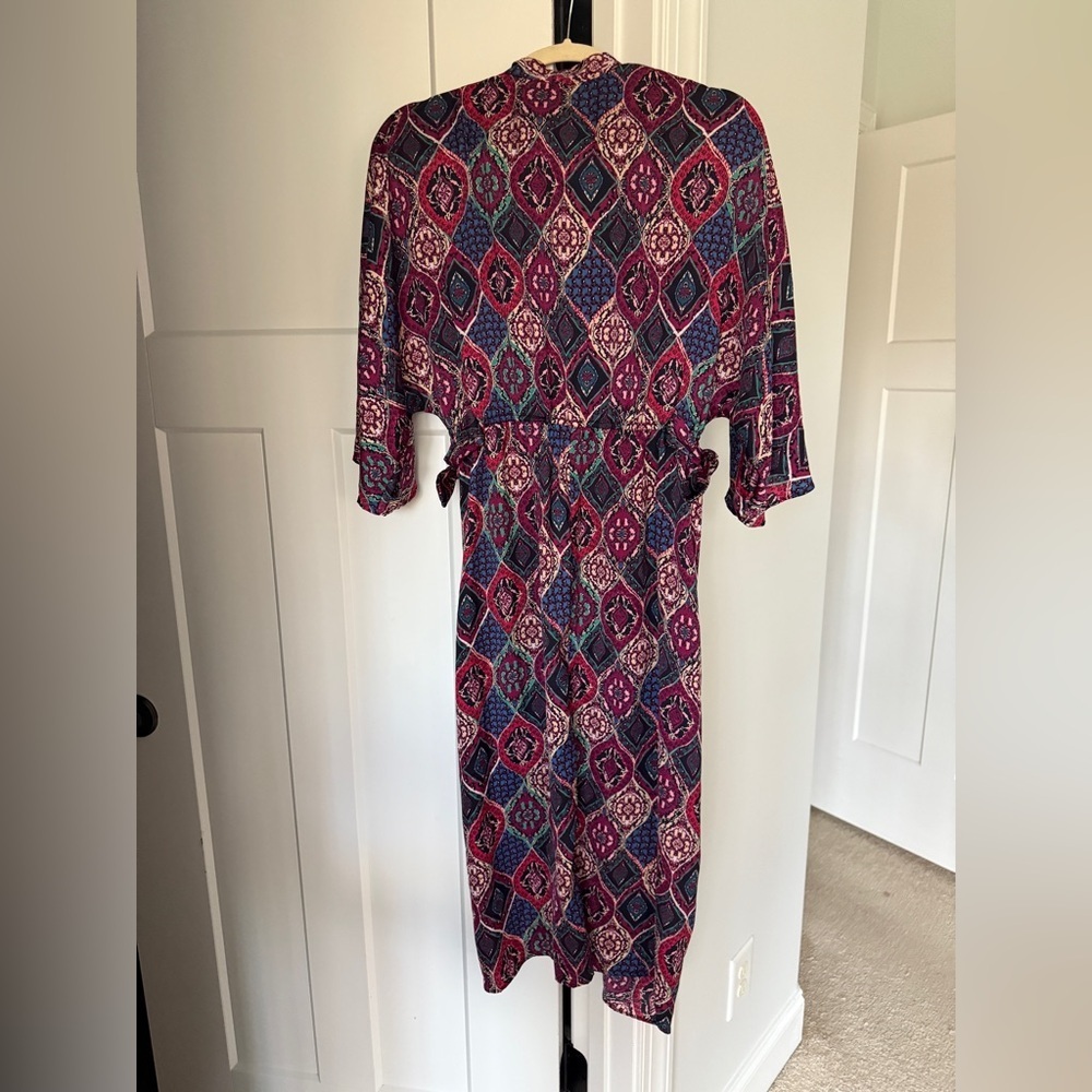Anthropologie Miska Midi Dress Tie Waist 3/4 Sleeve Plum purple print - Picture 5 of 5